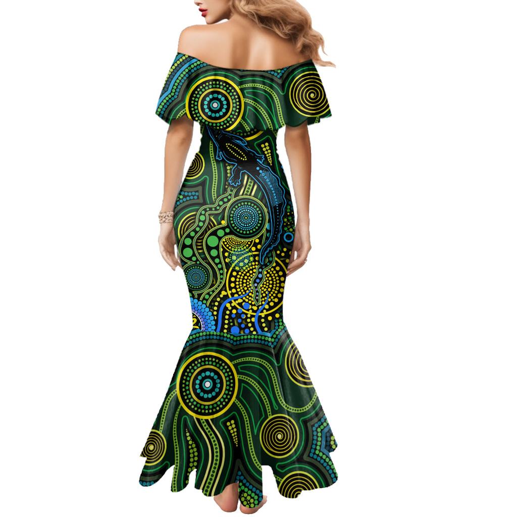 Aboriginal Green - Crocodine Abstract Art Pattern Family Matching Mermaid Dress and Hawaiian Shirt