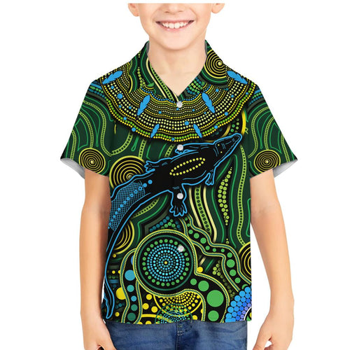 Aboriginal Green - Crocodine Abstract Art Pattern Family Matching Mermaid Dress and Hawaiian Shirt