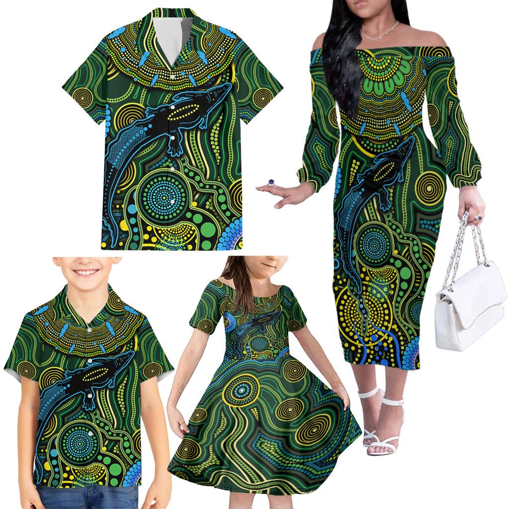 Aboriginal Green - Crocodine Abstract Art Pattern Family Matching Off Shoulder Long Sleeve Dress and Hawaiian Shirt