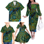 Aboriginal Green - Crocodine Abstract Art Pattern Family Matching Off Shoulder Long Sleeve Dress and Hawaiian Shirt