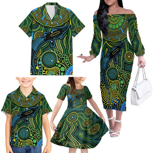 Aboriginal Green - Crocodine Abstract Art Pattern Family Matching Off Shoulder Long Sleeve Dress and Hawaiian Shirt
