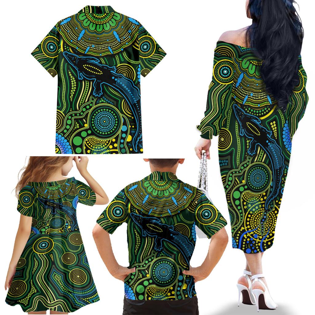 Aboriginal Green - Crocodine Abstract Art Pattern Family Matching Off Shoulder Long Sleeve Dress and Hawaiian Shirt
