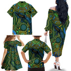 Aboriginal Green - Crocodine Abstract Art Pattern Family Matching Off Shoulder Long Sleeve Dress and Hawaiian Shirt