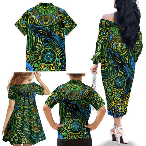 Aboriginal Green - Crocodine Abstract Art Pattern Family Matching Off Shoulder Long Sleeve Dress and Hawaiian Shirt