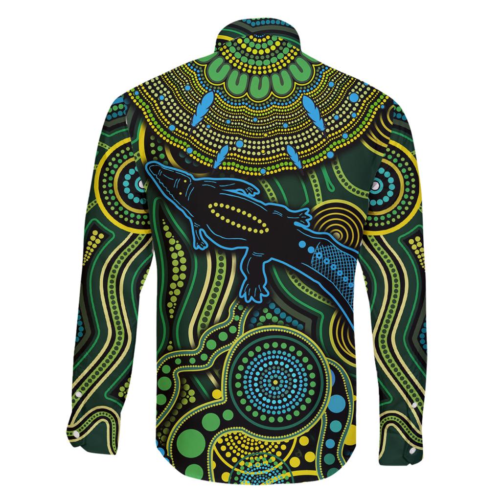 Aboriginal Green - Crocodine Abstract Art Pattern Family Matching Off Shoulder Long Sleeve Dress and Hawaiian Shirt