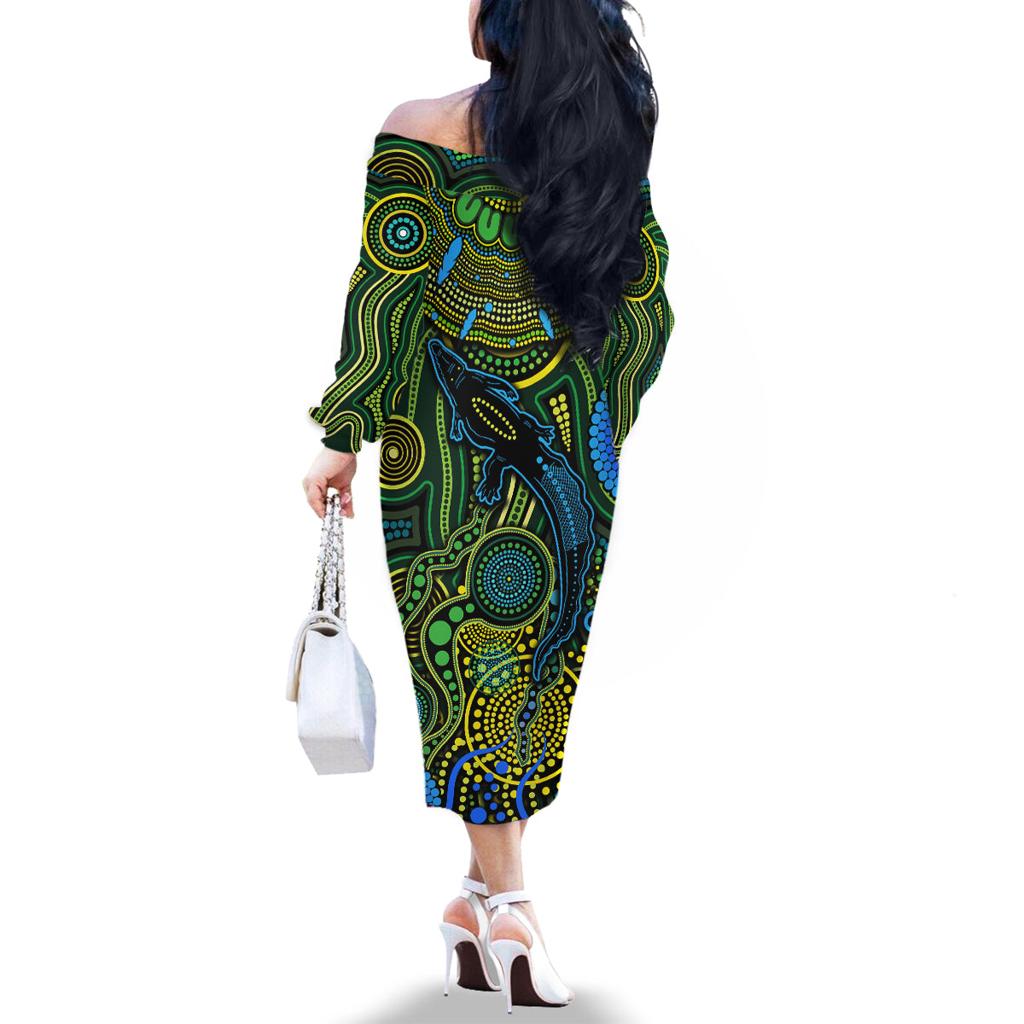 Aboriginal Green - Crocodine Abstract Art Pattern Family Matching Off Shoulder Long Sleeve Dress and Hawaiian Shirt