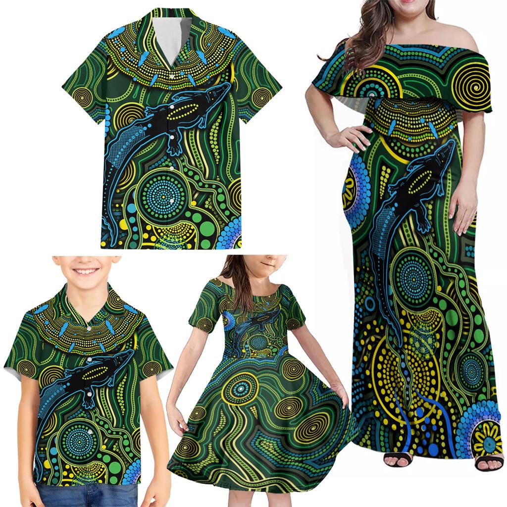 Aboriginal Green - Crocodine Abstract Art Pattern Family Matching Off Shoulder Maxi Dress and Hawaiian Shirt