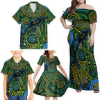 Aboriginal Green - Crocodine Abstract Art Pattern Family Matching Off Shoulder Maxi Dress and Hawaiian Shirt