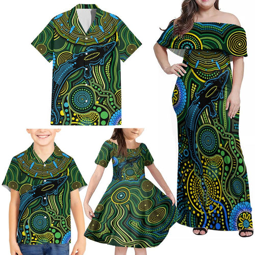 Aboriginal Green - Crocodine Abstract Art Pattern Family Matching Off Shoulder Maxi Dress and Hawaiian Shirt