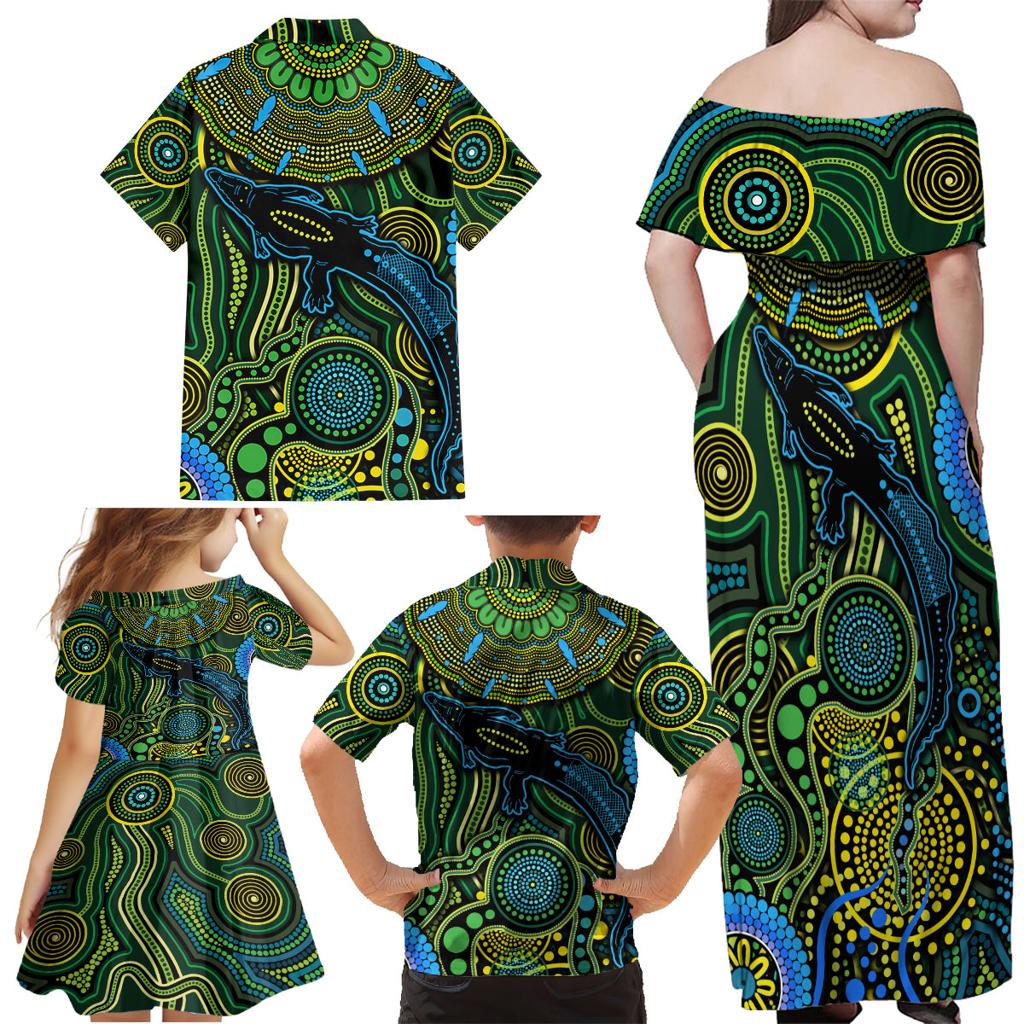 Aboriginal Green - Crocodine Abstract Art Pattern Family Matching Off Shoulder Maxi Dress and Hawaiian Shirt