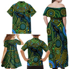Aboriginal Green - Crocodine Abstract Art Pattern Family Matching Off Shoulder Maxi Dress and Hawaiian Shirt