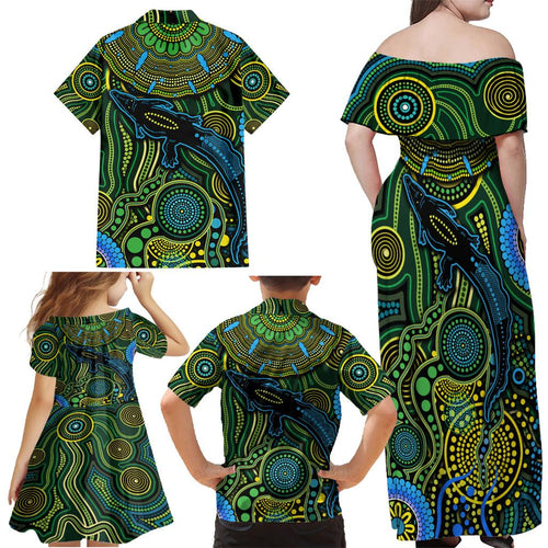 Aboriginal Green - Crocodine Abstract Art Pattern Family Matching Off Shoulder Maxi Dress and Hawaiian Shirt