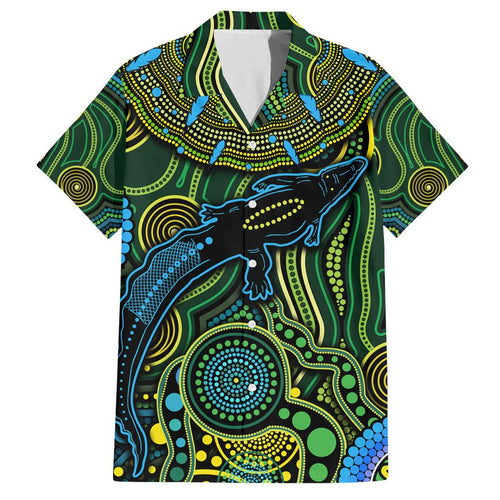 Aboriginal Green - Crocodine Abstract Art Pattern Family Matching Off Shoulder Maxi Dress and Hawaiian Shirt