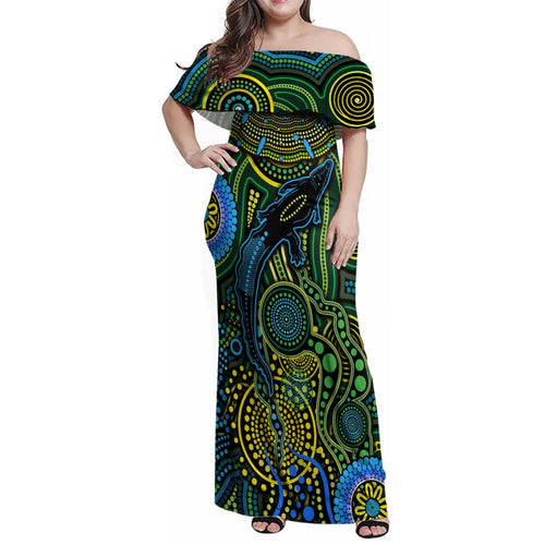 Aboriginal Green - Crocodine Abstract Art Pattern Family Matching Off Shoulder Maxi Dress and Hawaiian Shirt