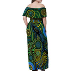 Aboriginal Green - Crocodine Abstract Art Pattern Family Matching Off Shoulder Maxi Dress and Hawaiian Shirt