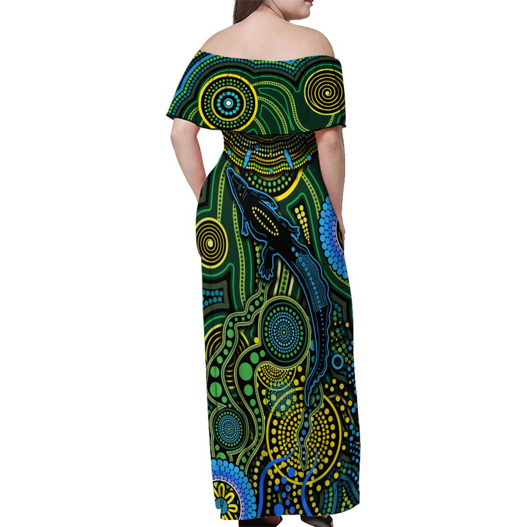 Aboriginal Green - Crocodine Abstract Art Pattern Family Matching Off Shoulder Maxi Dress and Hawaiian Shirt