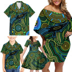 Aboriginal Green - Crocodine Abstract Art Pattern Family Matching Off Shoulder Short Dress and Hawaiian Shirt