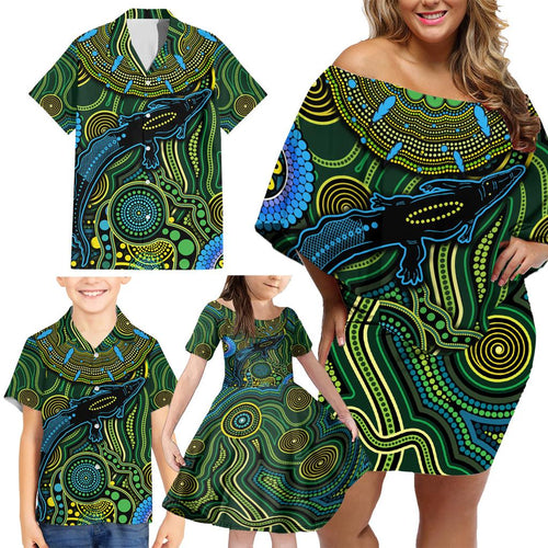 Aboriginal Green - Crocodine Abstract Art Pattern Family Matching Off Shoulder Short Dress and Hawaiian Shirt
