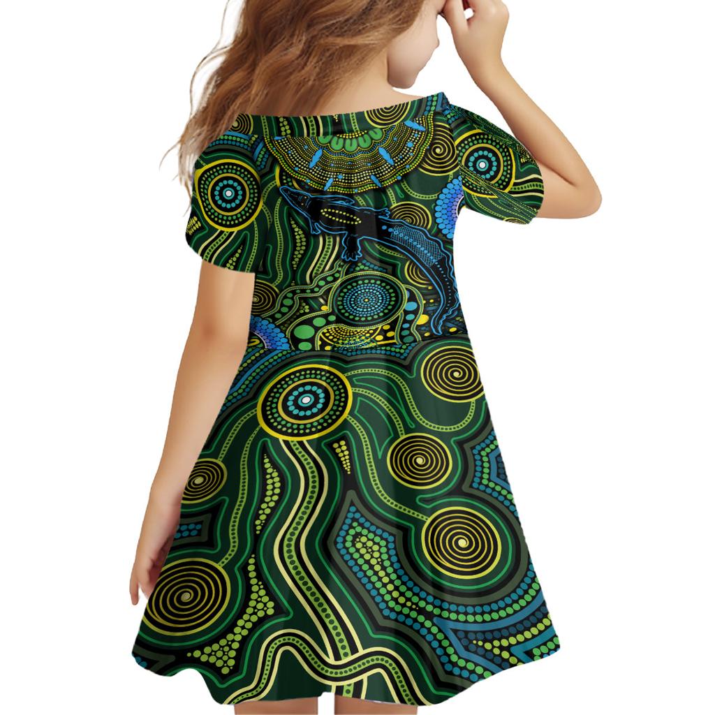 Aboriginal Green - Crocodine Abstract Art Pattern Family Matching Off Shoulder Short Dress and Hawaiian Shirt