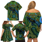 Aboriginal Green - Crocodine Abstract Art Pattern Family Matching Off Shoulder Short Dress and Hawaiian Shirt