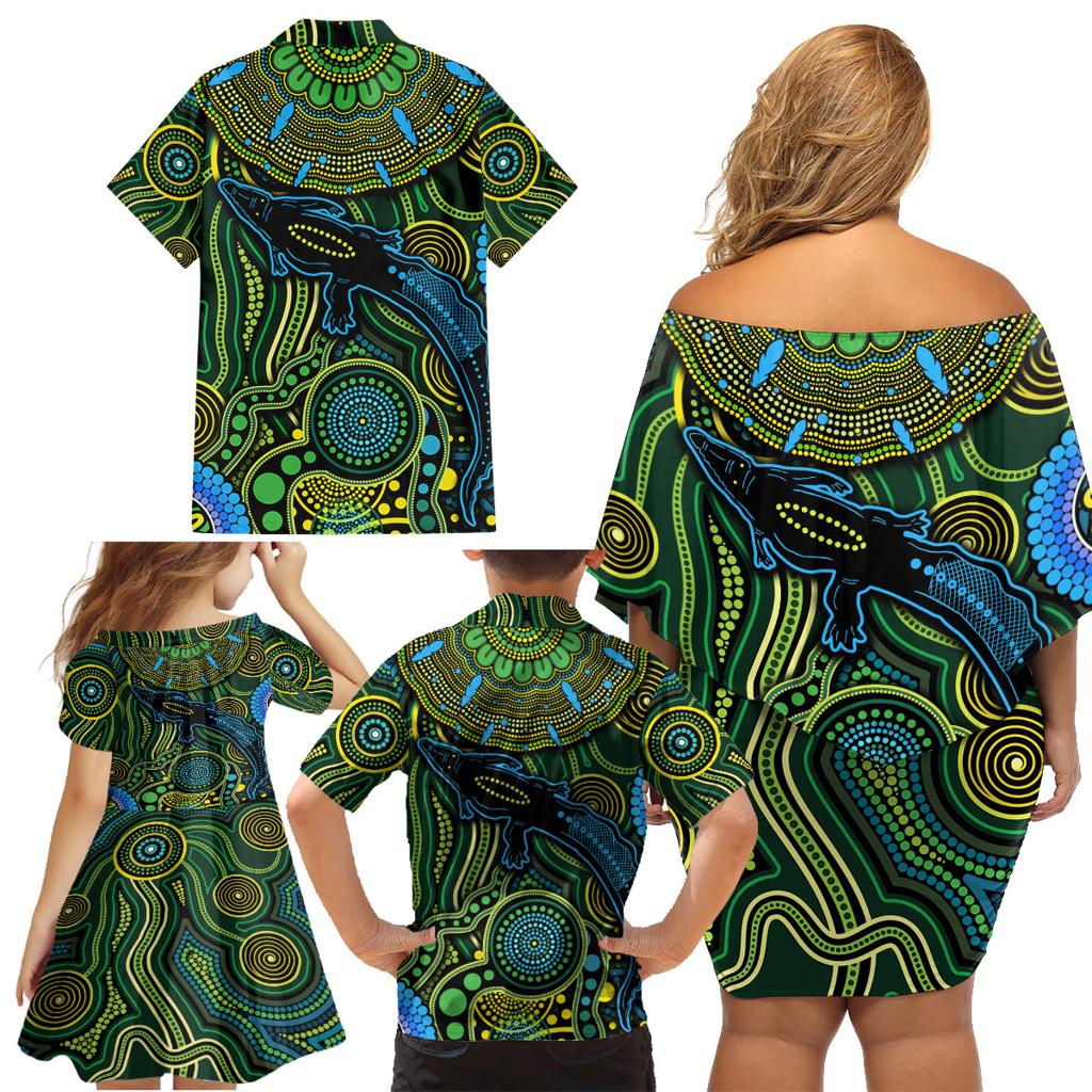 Aboriginal Green - Crocodine Abstract Art Pattern Family Matching Off Shoulder Short Dress and Hawaiian Shirt