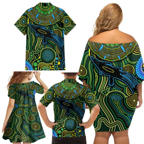Aboriginal Green - Crocodine Abstract Art Pattern Family Matching Off Shoulder Short Dress and Hawaiian Shirt