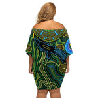 Aboriginal Green - Crocodine Abstract Art Pattern Family Matching Off Shoulder Short Dress and Hawaiian Shirt