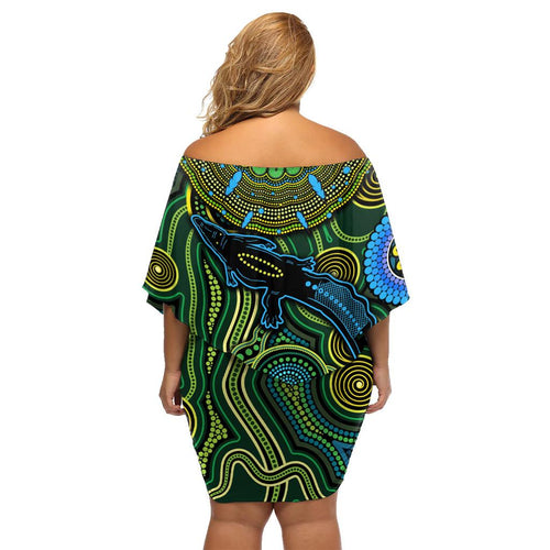 Aboriginal Green - Crocodine Abstract Art Pattern Family Matching Off Shoulder Short Dress and Hawaiian Shirt