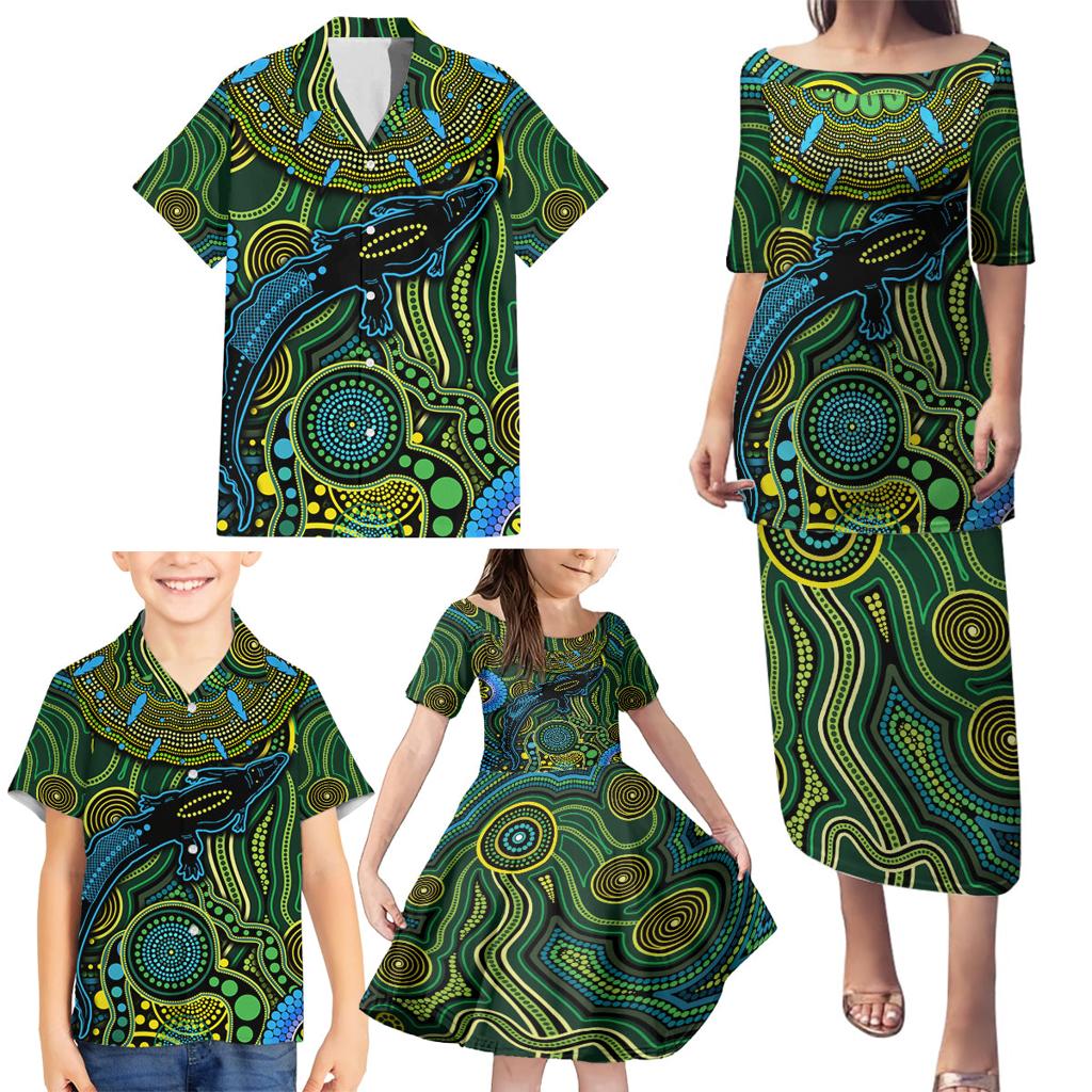 Aboriginal Green - Crocodine Abstract Art Pattern Family Matching Puletasi and Hawaiian Shirt