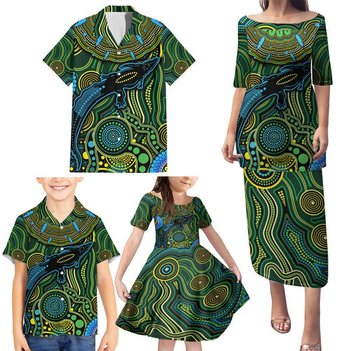 Aboriginal Green - Crocodine Abstract Art Pattern Family Matching Puletasi and Hawaiian Shirt