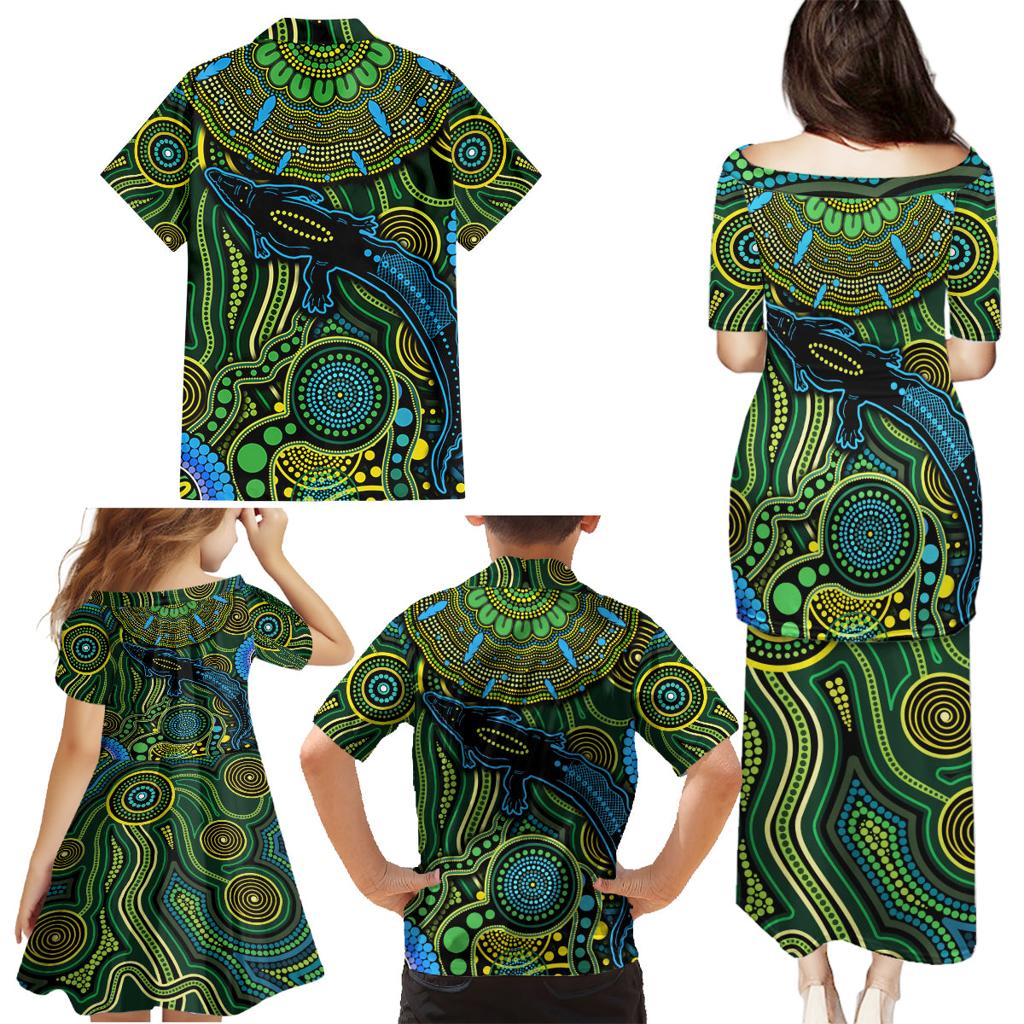 Aboriginal Green - Crocodine Abstract Art Pattern Family Matching Puletasi and Hawaiian Shirt