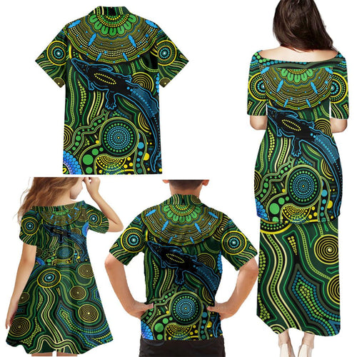 Aboriginal Green - Crocodine Abstract Art Pattern Family Matching Puletasi and Hawaiian Shirt
