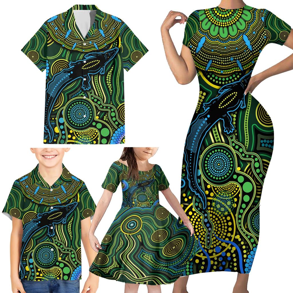 Aboriginal Green - Crocodine Abstract Art Pattern Family Matching Short Sleeve Bodycon Dress and Hawaiian Shirt