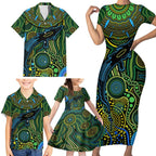 Aboriginal Green - Crocodine Abstract Art Pattern Family Matching Short Sleeve Bodycon Dress and Hawaiian Shirt