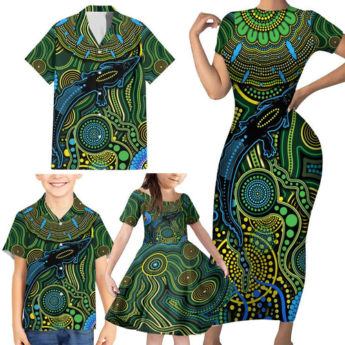 Aboriginal Green - Crocodine Abstract Art Pattern Family Matching Short Sleeve Bodycon Dress and Hawaiian Shirt