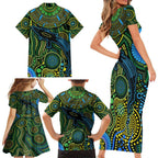 Aboriginal Green - Crocodine Abstract Art Pattern Family Matching Short Sleeve Bodycon Dress and Hawaiian Shirt