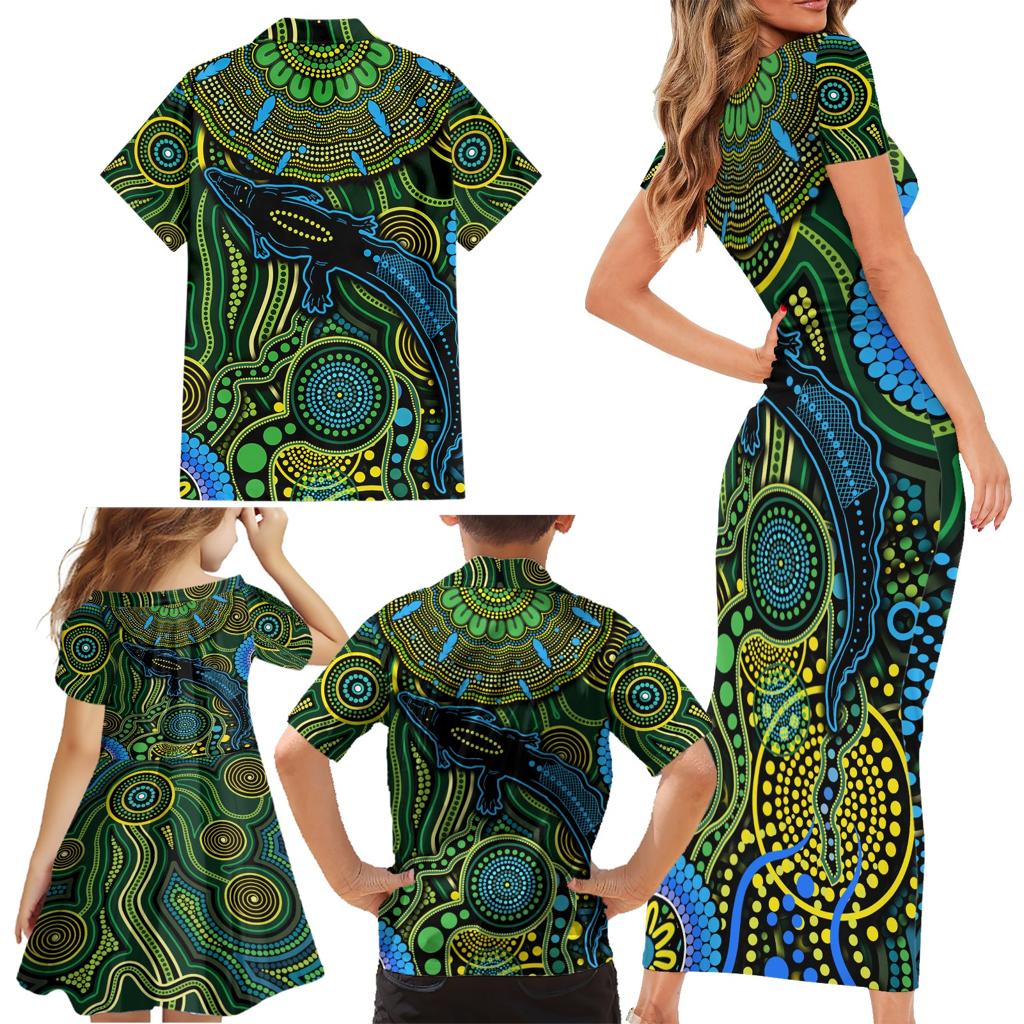 Aboriginal Green - Crocodine Abstract Art Pattern Family Matching Short Sleeve Bodycon Dress and Hawaiian Shirt