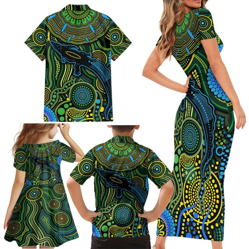 Aboriginal Green - Crocodine Abstract Art Pattern Family Matching Short Sleeve Bodycon Dress and Hawaiian Shirt