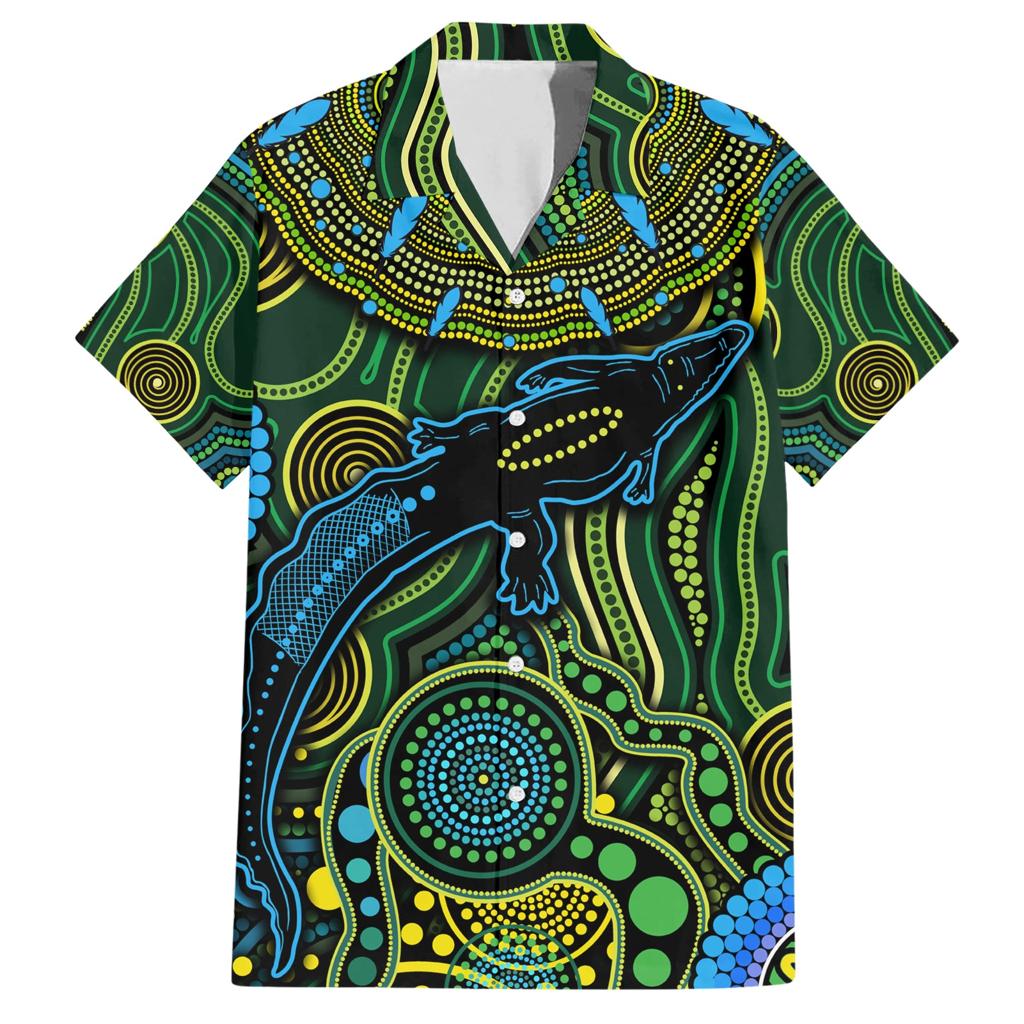 Aboriginal Green - Crocodine Abstract Art Pattern Family Matching Short Sleeve Bodycon Dress and Hawaiian Shirt