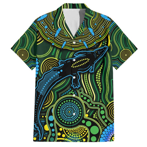 Aboriginal Green - Crocodine Abstract Art Pattern Family Matching Short Sleeve Bodycon Dress and Hawaiian Shirt