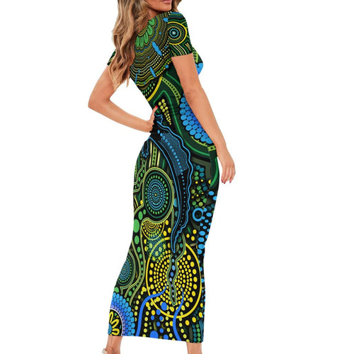 Aboriginal Green - Crocodine Abstract Art Pattern Family Matching Short Sleeve Bodycon Dress and Hawaiian Shirt