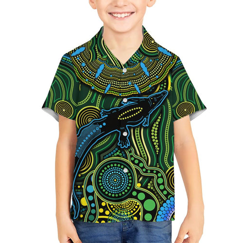 Aboriginal Green - Crocodine Abstract Art Pattern Family Matching Short Sleeve Bodycon Dress and Hawaiian Shirt