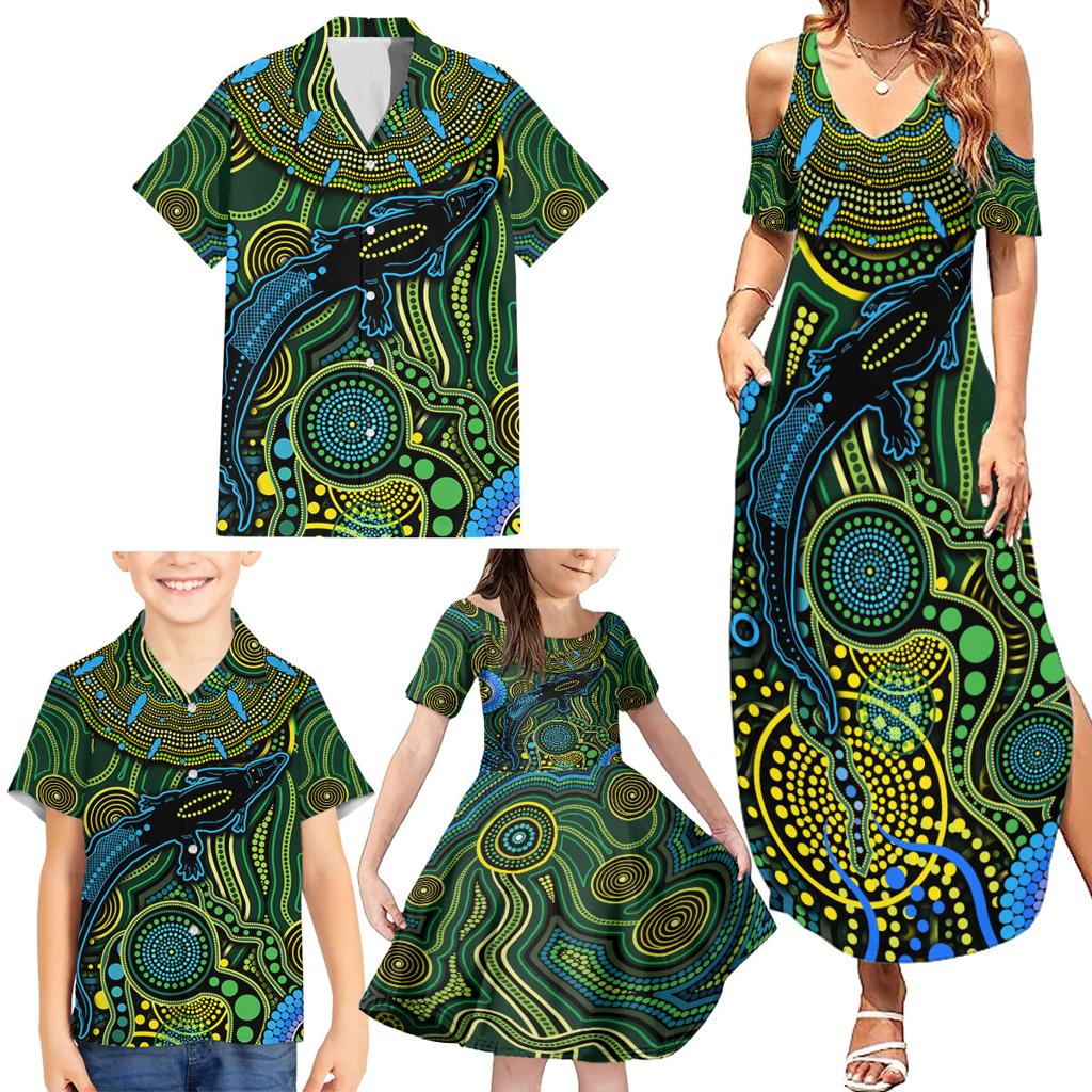 Aboriginal Green - Crocodine Abstract Art Pattern Family Matching Summer Maxi Dress and Hawaiian Shirt