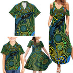 Aboriginal Green - Crocodine Abstract Art Pattern Family Matching Summer Maxi Dress and Hawaiian Shirt