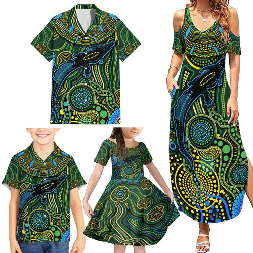 Aboriginal Green - Crocodine Abstract Art Pattern Family Matching Summer Maxi Dress and Hawaiian Shirt