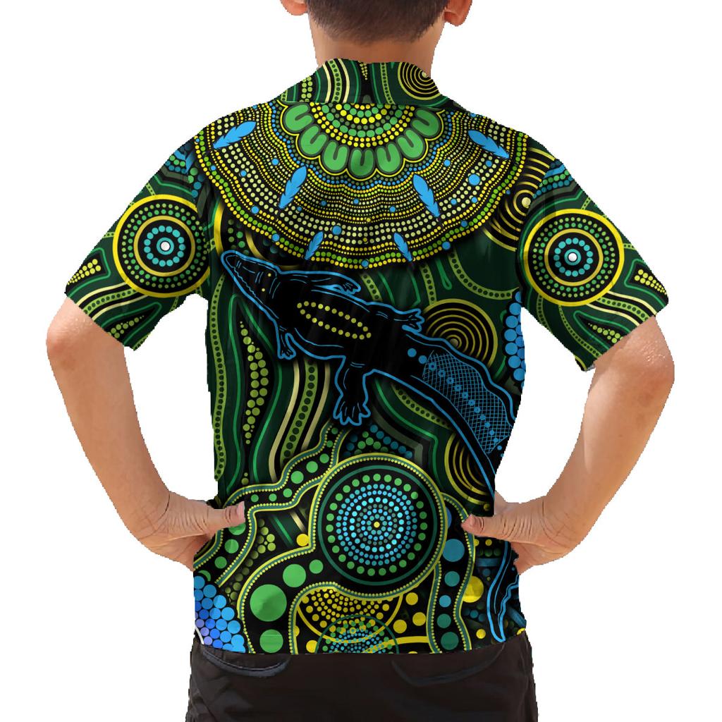 Aboriginal Green - Crocodine Abstract Art Pattern Family Matching Summer Maxi Dress and Hawaiian Shirt