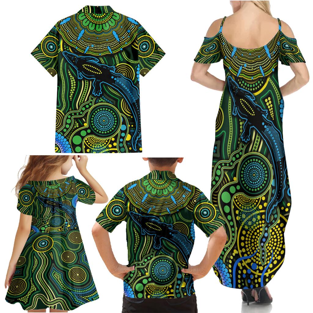 Aboriginal Green - Crocodine Abstract Art Pattern Family Matching Summer Maxi Dress and Hawaiian Shirt