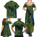 Aboriginal Green - Crocodine Abstract Art Pattern Family Matching Summer Maxi Dress and Hawaiian Shirt