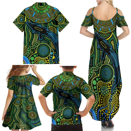 Aboriginal Green - Crocodine Abstract Art Pattern Family Matching Summer Maxi Dress and Hawaiian Shirt