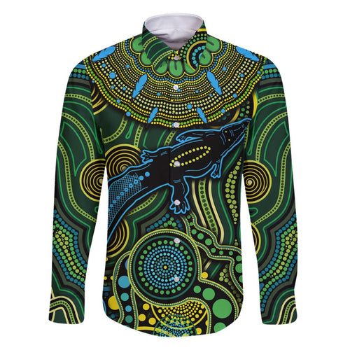 Aboriginal Green - Crocodine Abstract Art Pattern Family Matching Summer Maxi Dress and Hawaiian Shirt